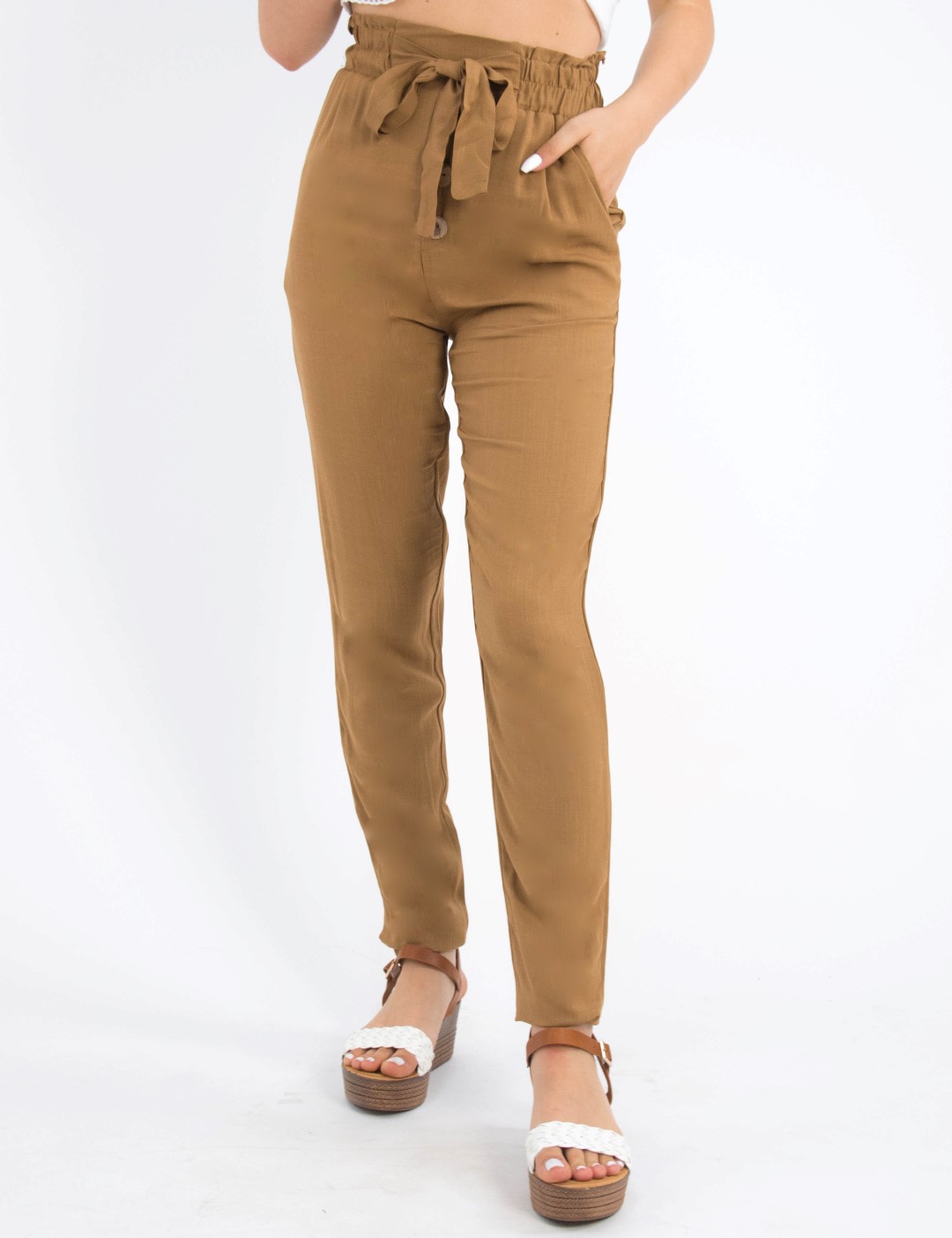 Γυναικείο κάμελ ψηλόμεσο υφασμάτινο παντελόνι κουμπιά 190271V